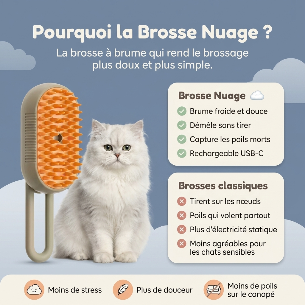 Pourquoi choisir la Brosse Nuage : brume froide, picots souples, sans fil