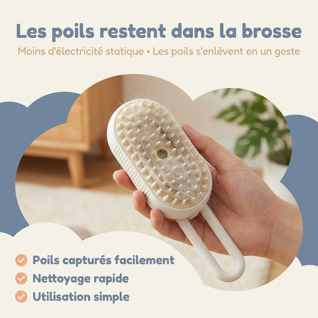 Poils morts de chat capturés dans les picots de la Brosse Nuage